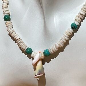 Puka Shells & Turquoise Colored Glass Bead Necklace
